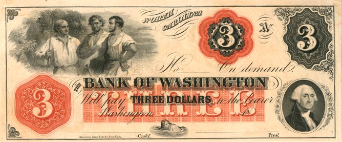 $3 Note of Bank of Washington, North Carolina - Obsolete Bank Note - Paper Money